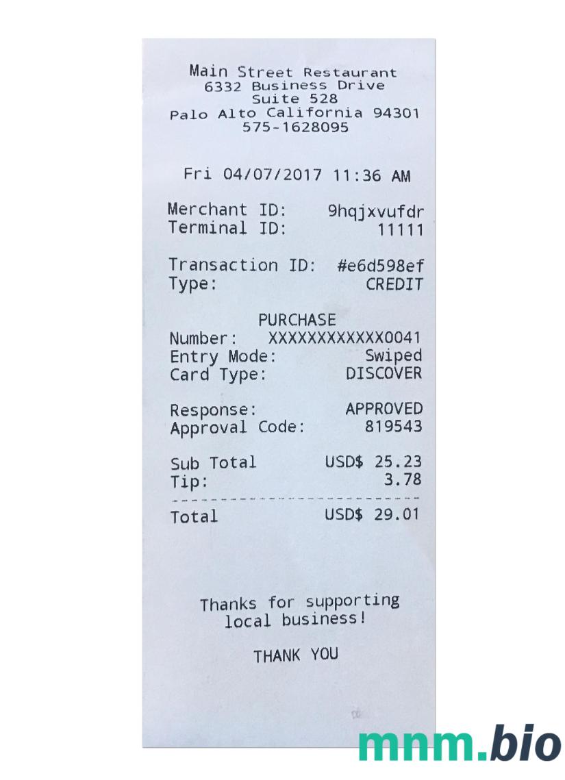 Main Street Restaurant przykładowy czek płatniczy PSD